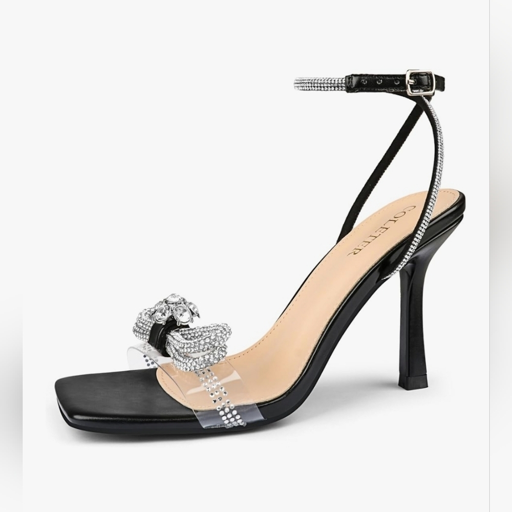 Rhinestone Bow Clear Heels Black Square Toe Stiletto Sandals, Black 9.5